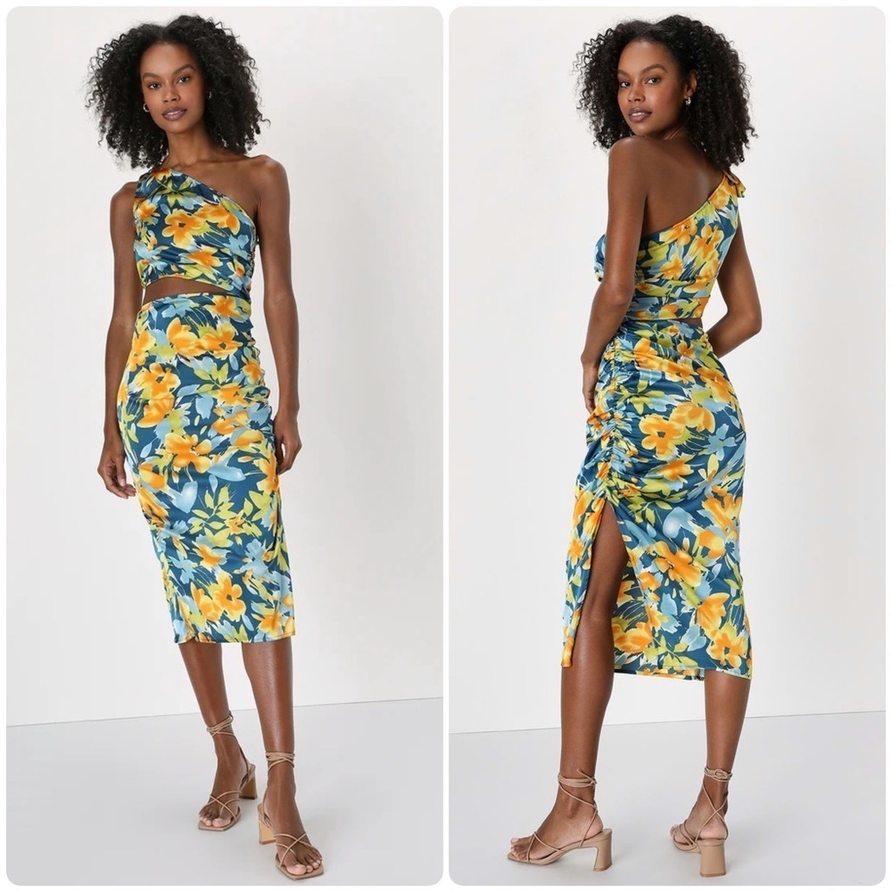 LULUS Vacay WaysTeal Floral Satin One-Shoulder Cutout Midi Dress Women’s Size L